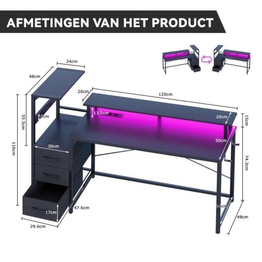 Bureau Gaming Autrucker 148x48 cm Métal LED RGB USB Enchufes