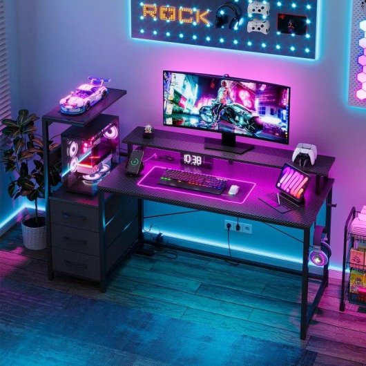Bureau Gaming Autrucker 148x48 cm Métal LED RGB USB Enchufes