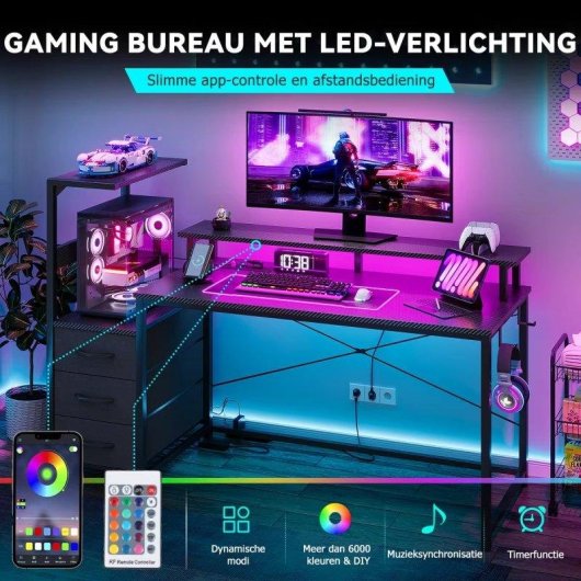 Bureau Gaming Autrucker 148x48 cm Métal LED RGB USB Enchufes