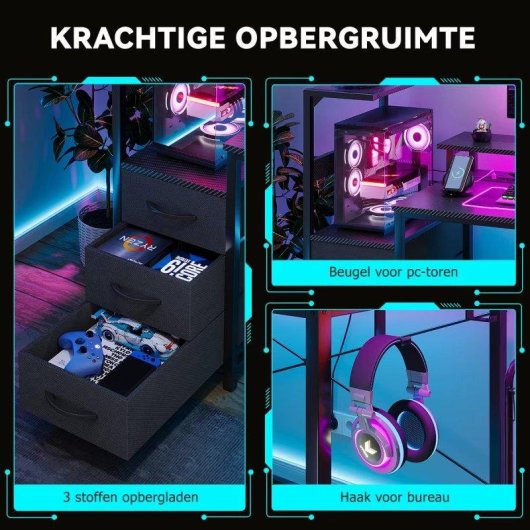 Bureau Gaming Autrucker 148x48 cm Métal LED RGB USB Enchufes