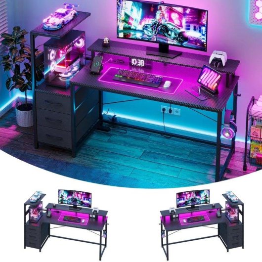 Bureau Gaming Autrucker 148x48 cm Métal LED RGB USB Enchufes