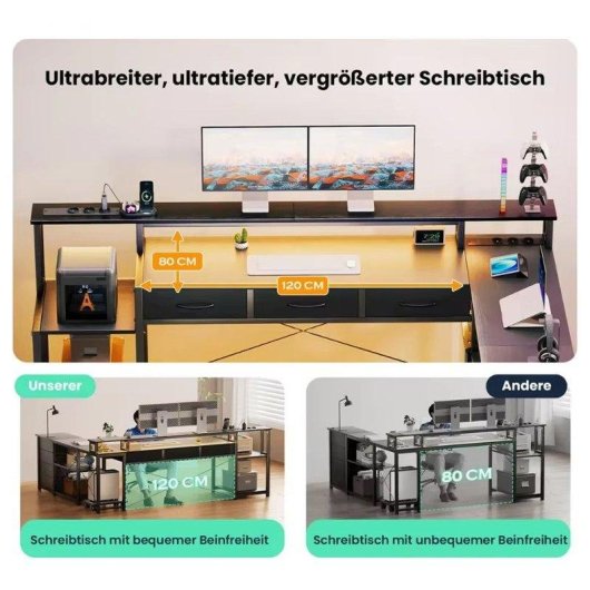 Mesa Gaming Autrucker 200x146cm Bois et Métal LED USB