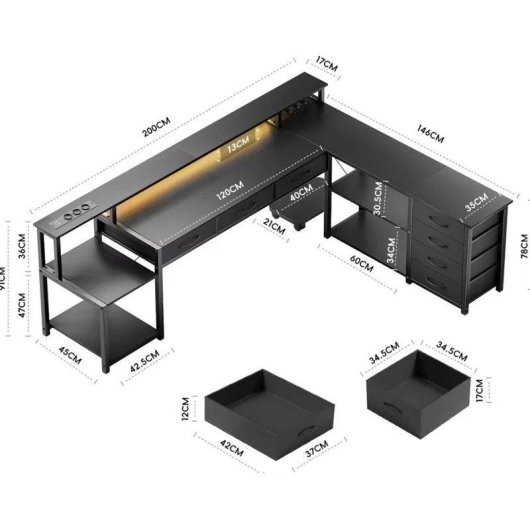 Mesa Gaming Autrucker 200x146cm Bois et Métal LED USB