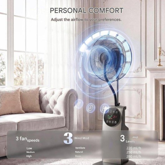 Ventilateur Brumisateur sur Pied Autrucker 50cm 3 Vitesses Télécommande Silencieux Ioniseur Réservoir 3,1L