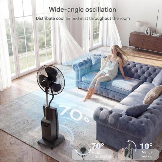 Ventilateur Brumisateur sur Pied Autrucker 50cm 3 Vitesses Télécommande Silencieux Ioniseur Réservoir 3,1L