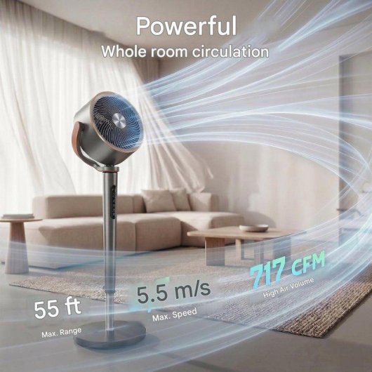 Ventilateur sur Pied Autrucker 12 Vitesses Télécommande LED Oscillation 70°+90° Gris