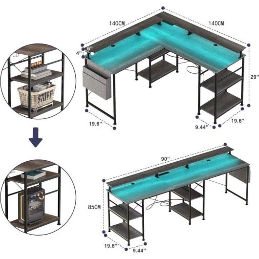 Bureau Gaming Autrucker 140x140cm Acier et MDF LED RGB USB