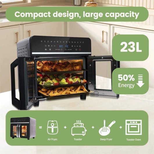 Minibackofen Autrucker Doppelzone 23L XXL 2200W Touch LED 15 Programme AirFryer Schwarz