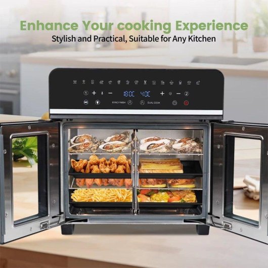 Minibackofen Autrucker Doppelzone 23L XXL 2200W Touch LED 15 Programme AirFryer Schwarz