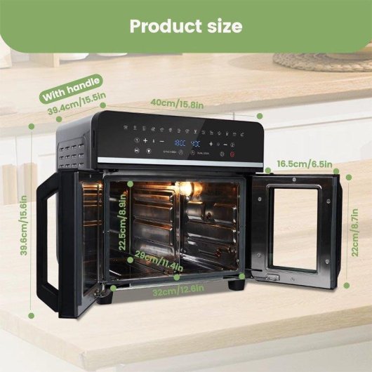 Minibackofen Autrucker Doppelzone 23L XXL 2200W Touch LED 15 Programme AirFryer Schwarz