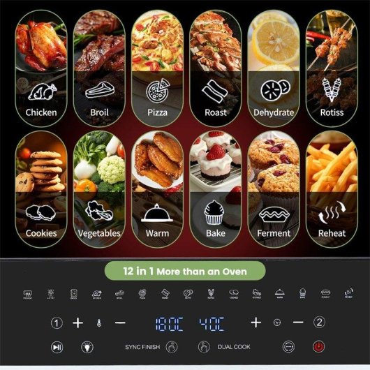 Minibackofen Autrucker Doppelzone 23L XXL 2200W Touch LED 15 Programme AirFryer Schwarz