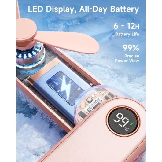 Mini Handventilator Autrucker Rosa Faltbar mit LED-Lampe Akku 6-12h