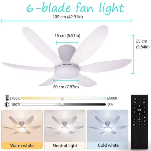Ventilador de Techo con Luz Autrucker 50W 109cm 6 Velocidades Motor DC Silencioso con Mando