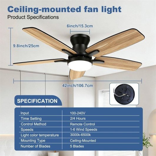 Ventoinha de Teto com Luz Autrucker 42" LED 6 Velocidades Silenciosa Comando