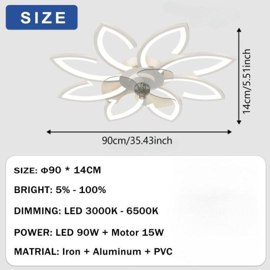 Ventilateur de Plafond avec Lumière Autrucker 90cm 6 Vitesses LED Télécommande App Blanc
