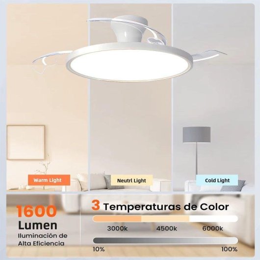 Ventilador de Techo con Luz Autrucker 55W 105cm 6 Velocidades Motor DC Aspas Retráctiles Silencioso con Mando y App