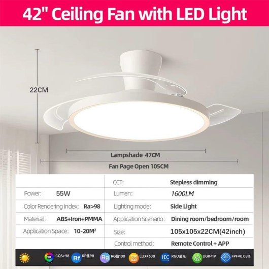 Ventilador de Techo con Luz Autrucker 55W 105cm 6 Velocidades Motor DC Aspas Retráctiles Silencioso con Mando y App
