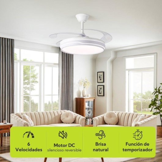 Ventilador de Techo con Luz Autrucker 36W Aspas Retráctiles 6 Velocidades Motor DC Mando