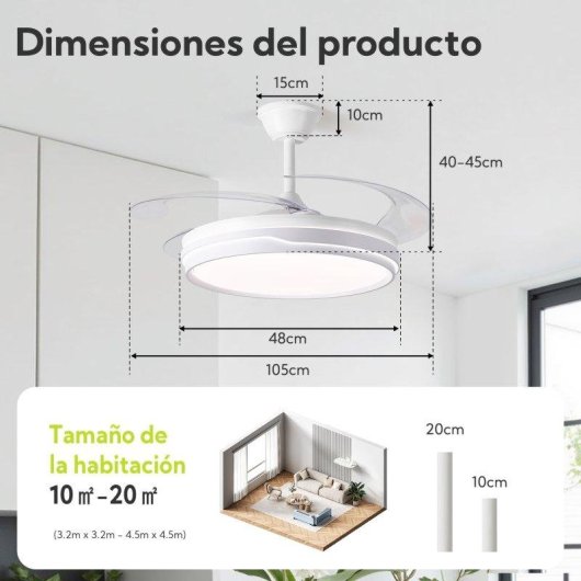 Ventilador de Techo con Luz Autrucker 36W Aspas Retráctiles 6 Velocidades Motor DC Mando
