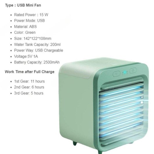 Mini Ventilator Autrucker USB 15W 3 Stufen Luftbefeuchter Kabellos Grün
