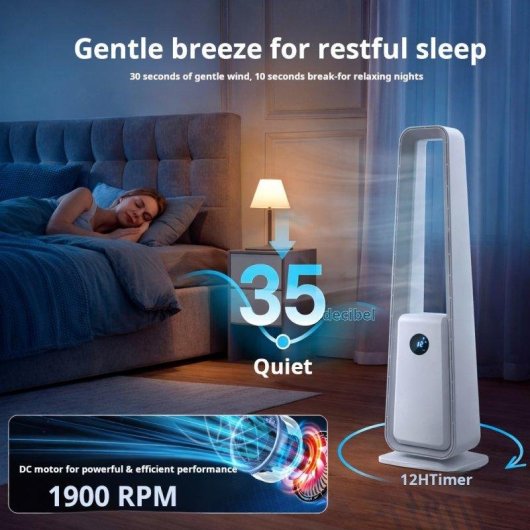 Ventilador Torre Autrucker Motor DC 24 Velocidades Sin Aspas Silencioso con Mando Temporizador