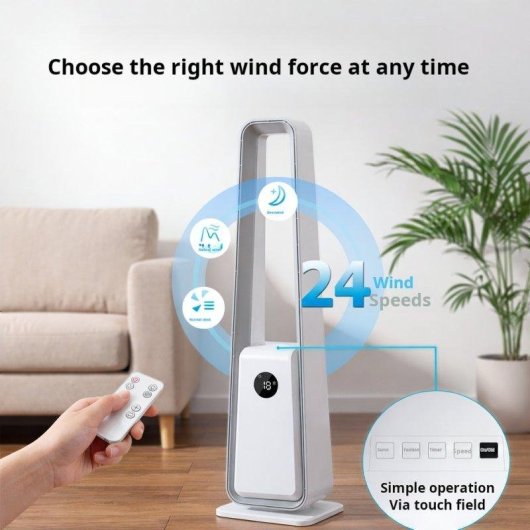 Ventilador Torre Autrucker Motor DC 24 Velocidades Sin Aspas Silencioso con Mando Temporizador