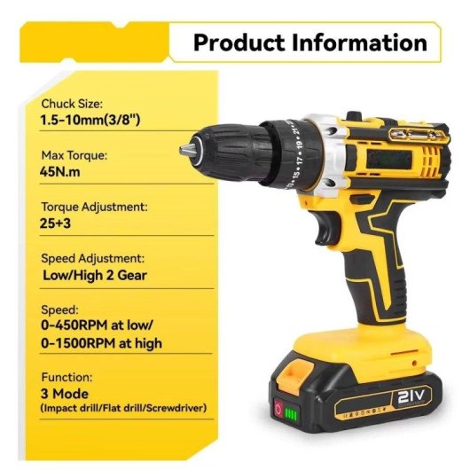 Taladro Impacto Inalámbrico Autrucker 21V 45 N·m 2 Baterías 34 Accesorios