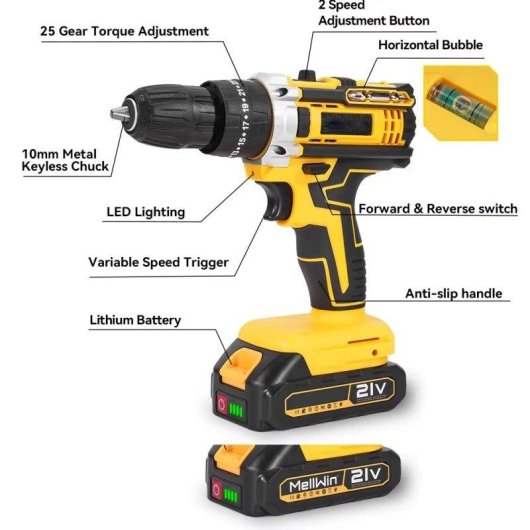Taladro Impacto Inalámbrico Autrucker 21V 45 N·m 2 Baterías 34 Accesorios