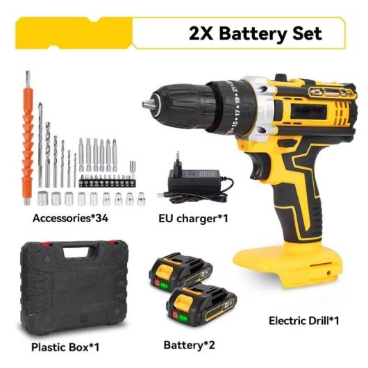 Taladro Impacto Inalámbrico Autrucker 21V 45 N·m 2 Baterías 34 Accesorios