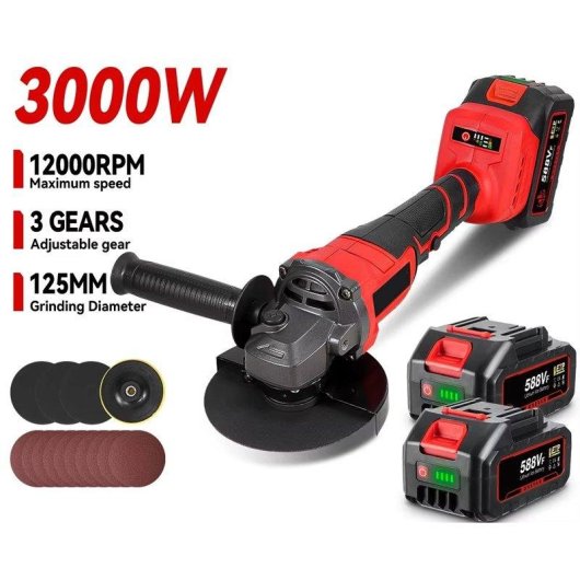 Smerigliatrice angolare Autrucker 3000W 125mm 3 velocita e 2 batterie