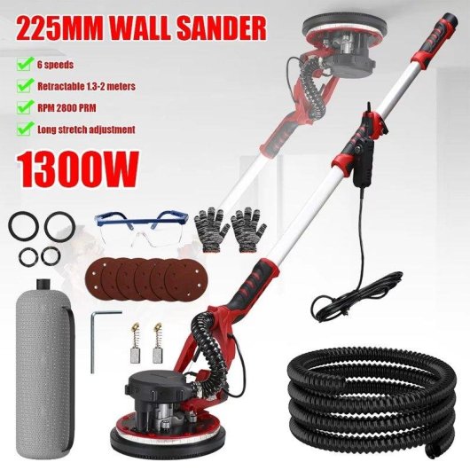 Lijadora de Pared Autrucker 225mm 1300W 6 Velocidades Autoaspiración LED Telescópica
