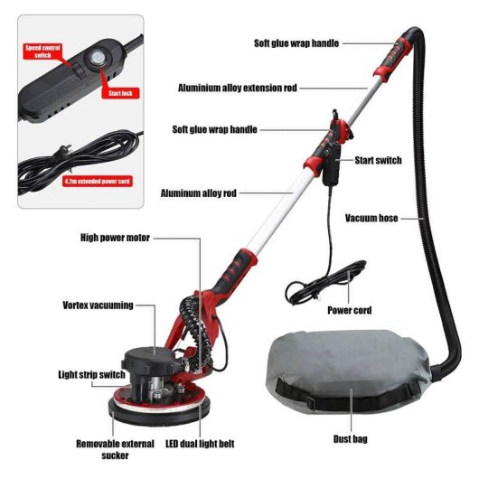 Lijadora de Pared Autrucker 225mm 1300W 6 Velocidades Autoaspiración LED Telescópica