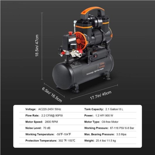 Compressores de ar Autrucker 900W 8L Silencioso 70dB
