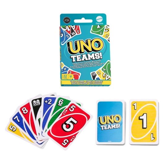 Juego de cartas Mattel UNO Teams para familias y grupos, 2-4 jugadores