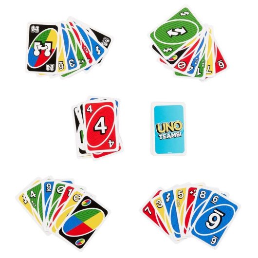 Juego de cartas Mattel UNO Teams para familias y grupos, 2-4 jugadores