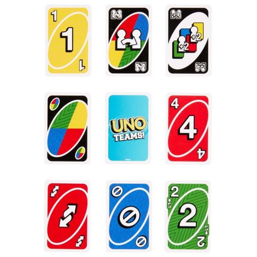 Juego de cartas Mattel UNO Teams para familias y grupos, 2-4 jugadores
