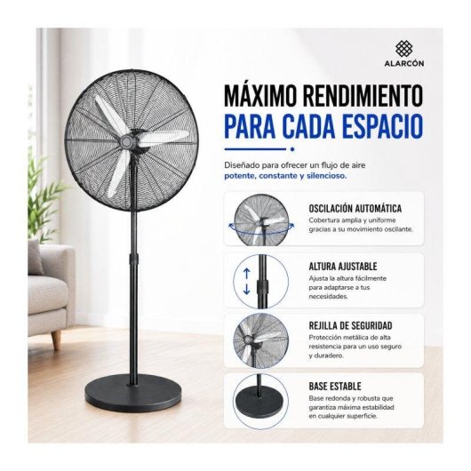 Ventilador de Pie Industrial Bilake Alarcon 120W 3 Velocidades Oscilante Cabezal Orientable