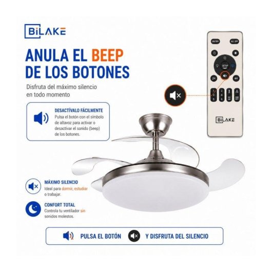 Ventilador de Techo con Luz Bilake Two 50W 108cm Motor DC Aspas Retráctiles Bluetooth Mando