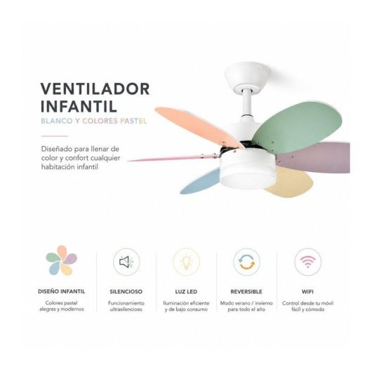 Ventilador de Techo con Luz Bilake Kids Colores Pastel WiFi Aspas Reversibles Ultra Silencioso con Mando