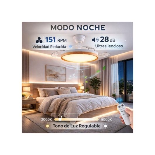 Ventilador de Techo con Luz Bilake 45W Aspas Retráctiles Ultra Silencioso con Mando