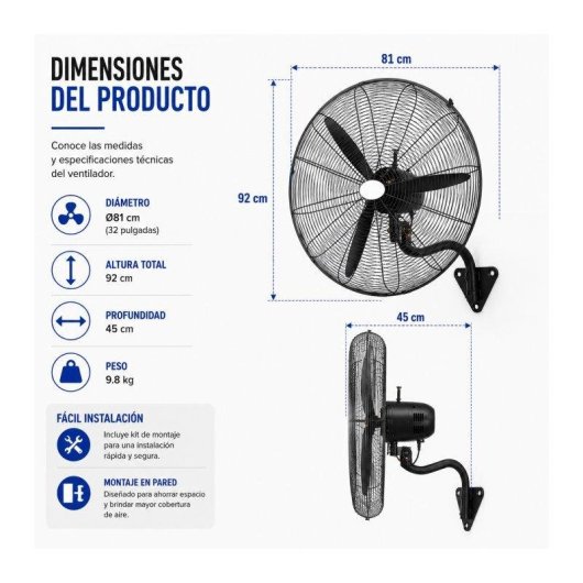 Ventilador de Pared Industrial Bilake Borrasca 280W 81cm Oscilante Cabezal Orientable