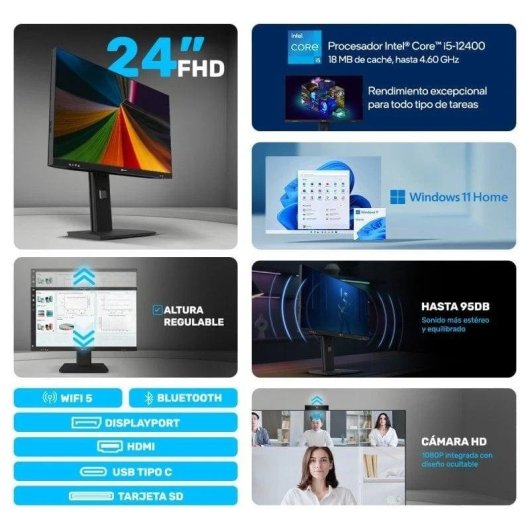 Alurin Flow AIO i5-12400 /16GB/1TB/24" Windows Home, Altura regulable + Owlotech MK500 Combo