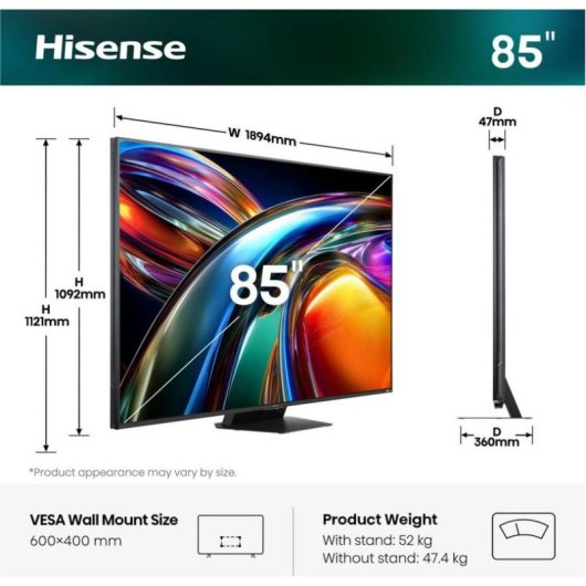 TV Hisense Mini LED 85UR9S 85" 4K UltraHD 180Hz Smart TV VIDAA HDR10+ Dolby Vision
