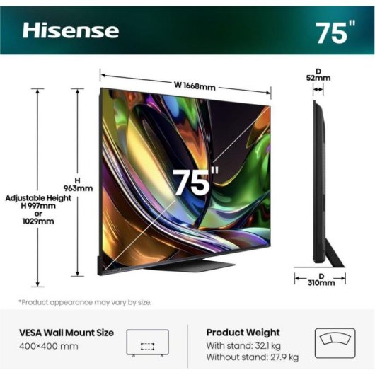 TV Hisense Mini LED 75UR8S 75" 4K UltraHD 180Hz Smart TV VIDAA HDR10+ Dolby Atmos
