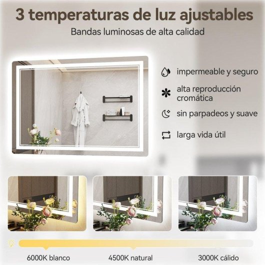 Specchio da bagno con Led Naspaluro 70x50 Antivapore 3 Colori