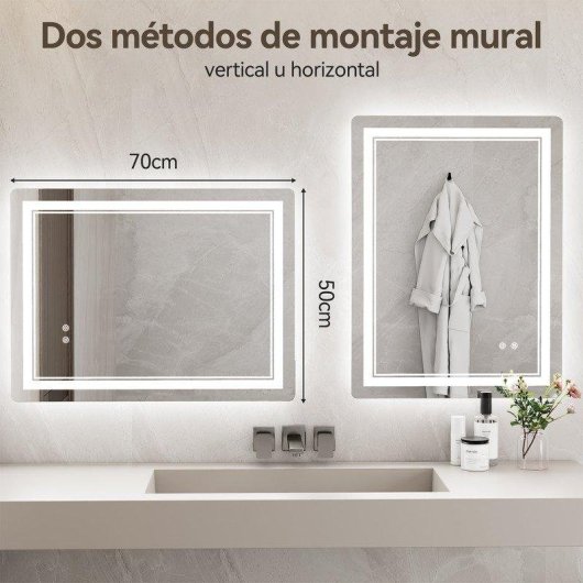 Specchio da bagno con Led Naspaluro 70x50 Antivapore 3 Colori