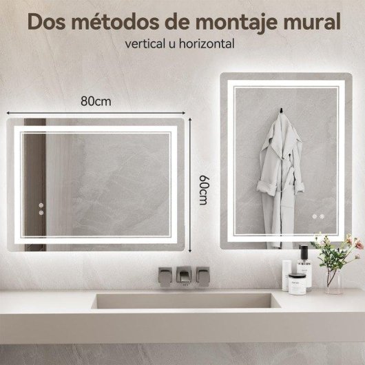 Specchio da bagno Naspaluro LED 80x60 antivapore 3 colori touch
