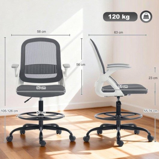 Cadeira de secretária Welltin T1008-01-10407 malha cinzenta braços rebatíveis