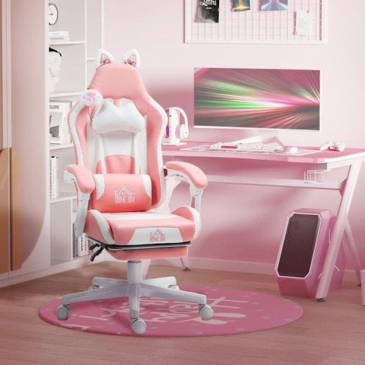 Silla Gamer Welltin Rosa Reclinable con Orejas de Gato y Reposapiés