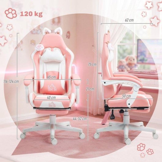 Silla Gamer Welltin Rosa Reclinable con Orejas de Gato y Reposapiés